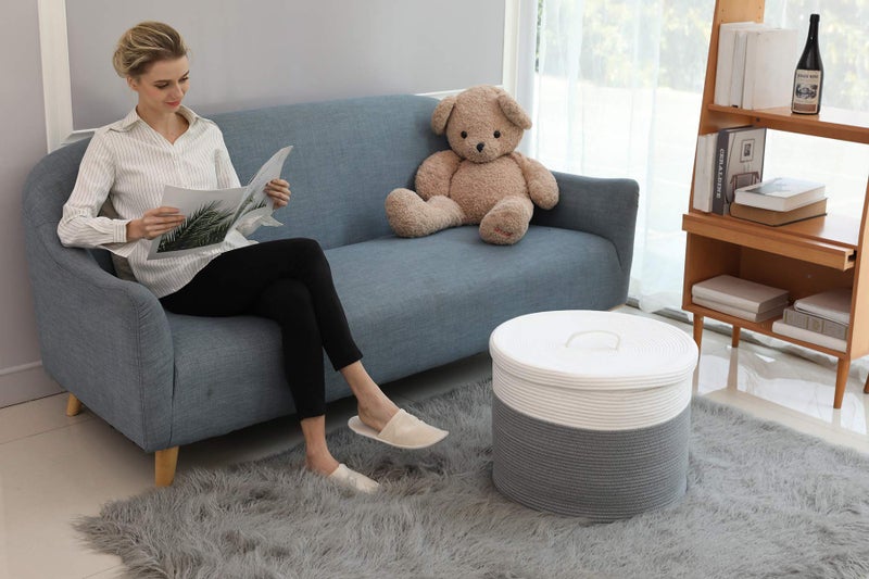 Cottonphant 20" x 20" x 15" Extra Large Storage Basket with Lid, Cotton Rope Storage Baskets, Laundry Hamper, Cloth Bin, for Clothes Towels Blankets Pillows Storage in Living Room, Large Basket Grey with Cover - Image 3